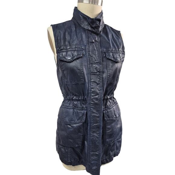 Banana Republic Navy Coated Denim Drawstring Pocket Utility Vest Women’s M - Picture 1 of 5